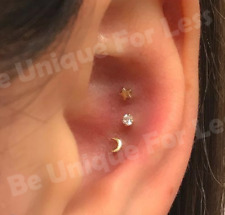 Tragus Helix Cartilage 3pc Crescent Star Gem Flat Back  Ear Piercing Body Stud