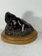 Vintage 4.5" lg 3.25" h Boma Carved Sea Lion Bull & Cow on Rock Figurine Canada
