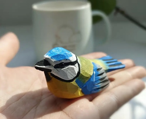 Hand carved wooden blue - blue, tit