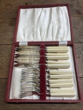 Vintage Set 12 Faux Bone FISH Cutlery Christmas Gift Blue Cutlery Canteen