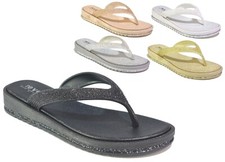 LADIES GLITTER FLIP FLOPS Black Slip On WEDGE Womens Toe Post UK Sizes 3-8