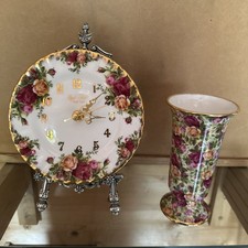 Royal Albert 16cm Clock Old Country Roses On White Metal Stand With Chintz Vase
