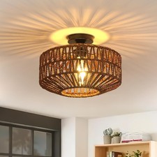 Vintage Bamboo Ceiling Light Rattan Semi Flush Mount Bohemian Restaurnt Bar Cafe
