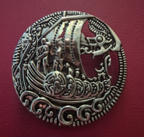 Viking ship round brooch pin - ship,