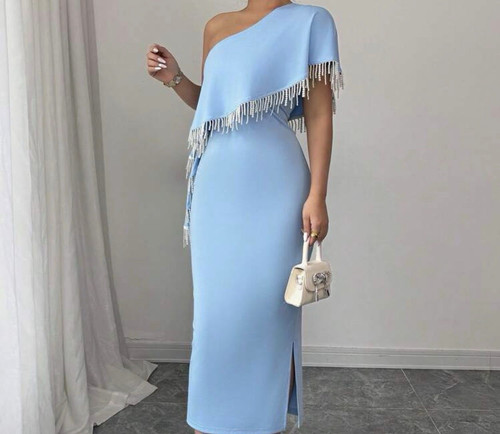Blue one shoulder fringe - blue,