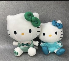 Hello Kitty Sega Green Check Gingham Heart Cat Soft Plush Toy Sanrio x 2 Cats