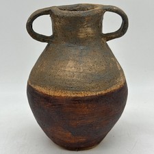 Handmade Stoneware Art Pottery Double Handled Vase Vessel Hand Painted 6.5” Tall