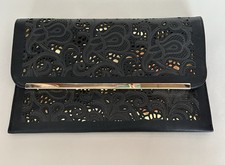 Women’s Oversized Black Clutch Bag With Gold Tone Chain Strap , Magnet Close