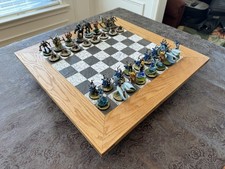 Handmade Dwarves vs Orks Red Oak "Floating" Chess Set w/stained glass, leather!