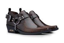 Men's Leather Western Shoes Brown Eagle Cuban Metal Chain Cowboy Winklepickers