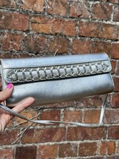 Stuart Weitzman Clutch Bag Silver Leather Gemstone Accent Handbag