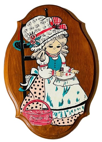 Girl sewing wood - girl, plaque