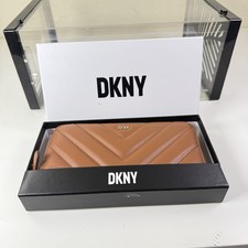 DKNY Wallet Brown Chevron Leather Zip Around Logo Boxed Open Never Used