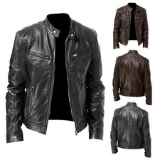 Men Vintage Cafe Racer Brown Black Leather Casual Slim Fit Real Biker Jackets