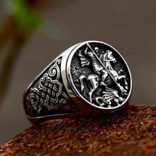 Mens St Saint Benedict Medal George Dragon Ring Knight Templar Stainless Steel