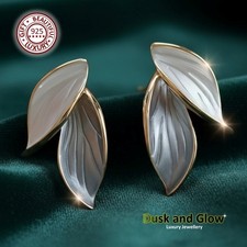 Silver Gold Enamel Dual Leaf Stud Earrings Fashion Evening Party Wedding Gift UK