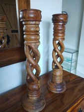 Pair of large hand carved wooden floor / table  candlesticks, open twist