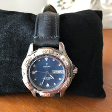 Festina 8815 sports watch day date blue face 34mm leather strap new battery