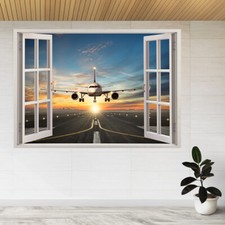 Airplane Landing Airport Runway 3D Window View Wall Sticker Poster Decal A818