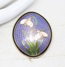 Vintage Signed Crown & Fish Cloisonne Enamel Snowdrop Floral BROOCH Jewellery