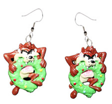 Funky TAZ EARRINGS BITING WREATH Funny Tasmanian Devil Christmas Holiday Jewelry