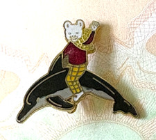 Vintage Rainbow Designs Rupert Bear Riding A Dolphin Enamel Pin Badge Brooch