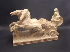 Large Roman Gladiator with a Two-Horse Chariot Sculpture Statue Vintage 