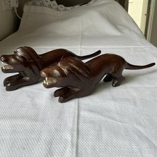 Pair Old Vintage Wood Carving Big Cat Naive Wooden Sculpture Hand Carved