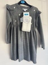 Long Sleeve Grey With Flowers Frill Girls Dress With Tights Set 3-4years