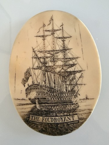 Scrimshaw style ship - style, oval