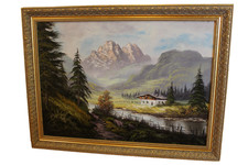 German Oil Painting Landscape Alpine 1950s Chalet Brenell? 24''x32'' Mountains
