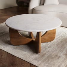 Large Round White Marble and Mango Wood Coffee Table - Ivan VAN001
