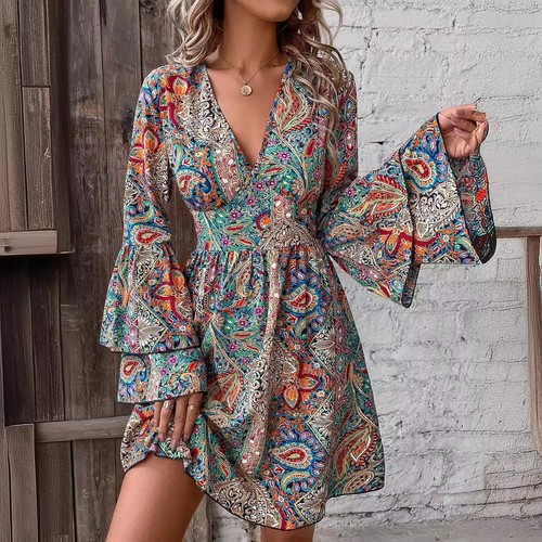 Lady neck gypsy mini dress - v,