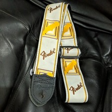 Fender Monogrammed Adjustable Guitar Strap Yellow Gold Brown White Leather Ends