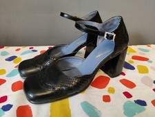 Vtg Shellys London 90s Block Heel Shoes Black Leather Size 37 Eur 4 Uk