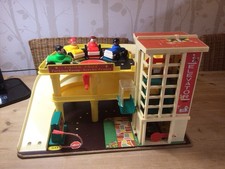 Vintage 1970s Fisher Price Garage Ramp & Cars & Figures . Includes Road Playmat