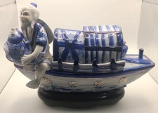 Vintage Chinese Blue & White Porcelain Fishermen in Boat Figurine Gold Gilded