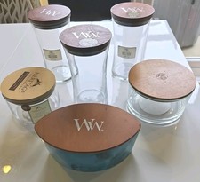 6 x Empty WOODWICK Large Glass Candle Containers  & Wooden lids. Three shapes.
