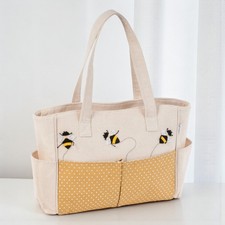 Fabric Craft Storage Bag Bee Appliqué Knitting Sewing Tote Multi Pockets Zip Top