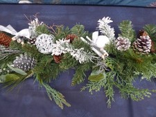 2m artificial pine Christmas garland, white and silver baubles, cones, twigs etc