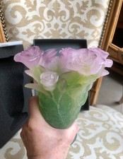 DAUM France Roses VASE  Pate de Verre in Pink/Green Signed in BOX