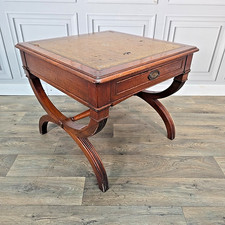 Antique Mahogany Leather Top Side Table – Regency Revival X-Frame – With Drawer