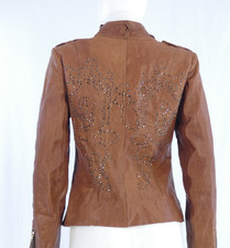 Real Leather Jacket Studded Crystals Back Biker Cognac Brown Y2K size M