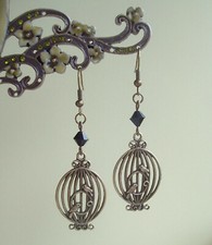 Bronze Love Birds Cage Black Bead Dangly Earrings - Steampunk Vintage Retro 