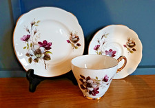 Vintage Royal Imperial Bone China Trio Tea Cup Saucer Plate Purple White Flowers