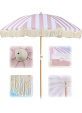 Mansader6.5ft Beach Umbrella with Fringe Pink White Striped PatioUmbrellaUPF 50+