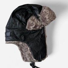 Vintage Black brown Ushanka trapper hat faux leather fur lined Russian ear flaps