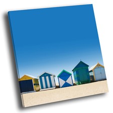 Colourful Beach Hut Retro Square Scenic Canvas Wall Art Large Picture Print