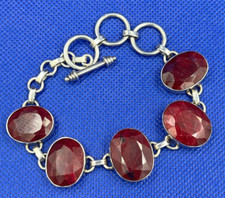 Vintage Sterling Silver & Red Beryl Gem Set Bracelet Large Facet Cut Gemstones
