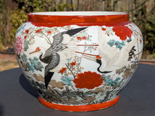 Antique Japanese 19th Century Meiji Period Large Kutani Jardiniere Planter Birds